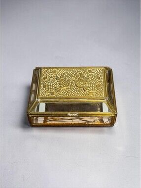 Vintage Glass Enesco Kissing Doves Hinged Brass Mirrored Jewelry Or Trinket Box
